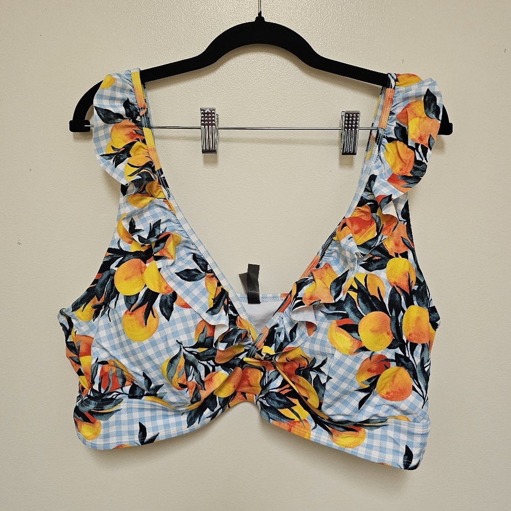 Torrid Blue Gingham & Oranges Ruffle Triangle Bikini Top Size 3X NWT - Picture 2 of 9